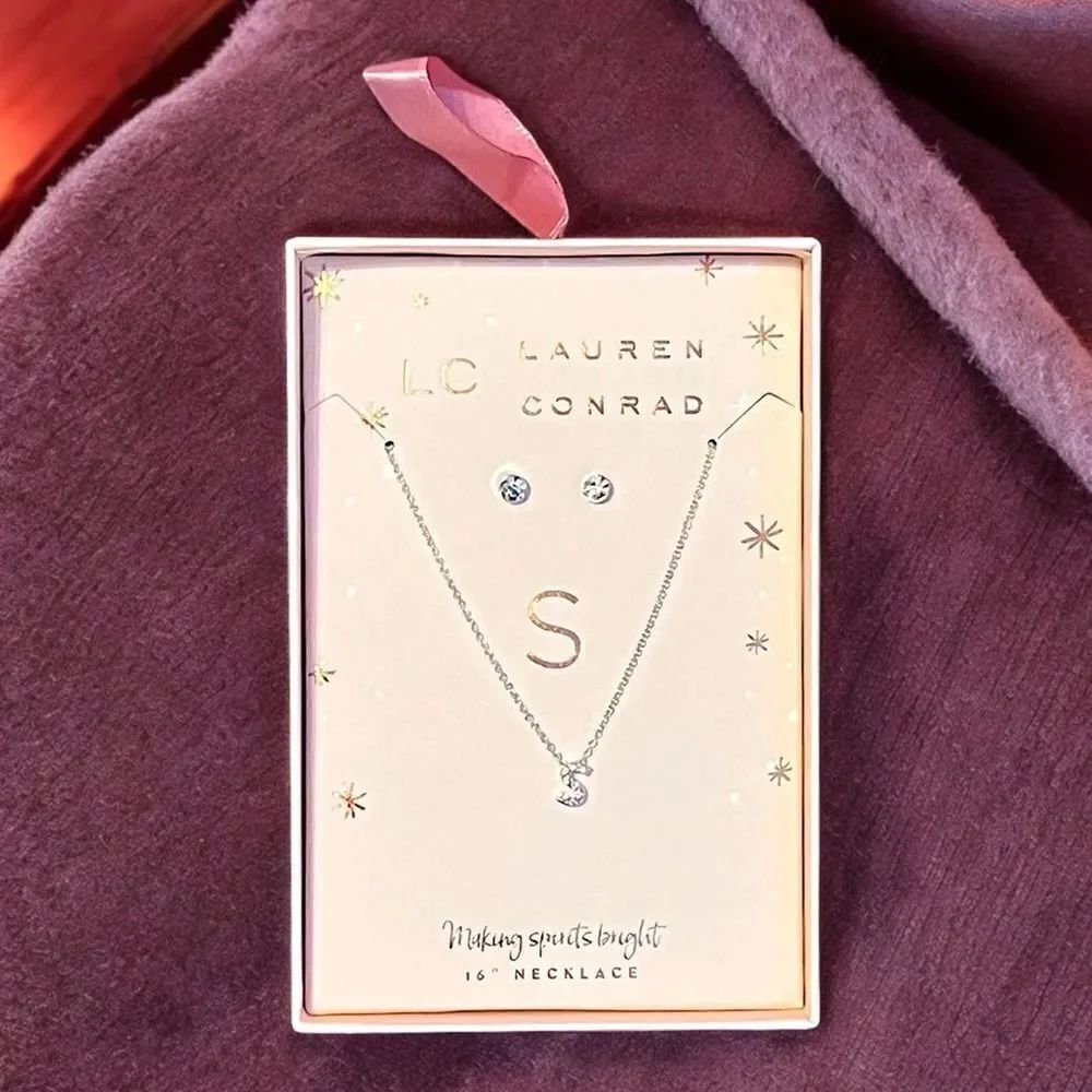 LC Lauren Conrad S Initial Rhinestone Silver Tone Earring And Necklace Set NWT